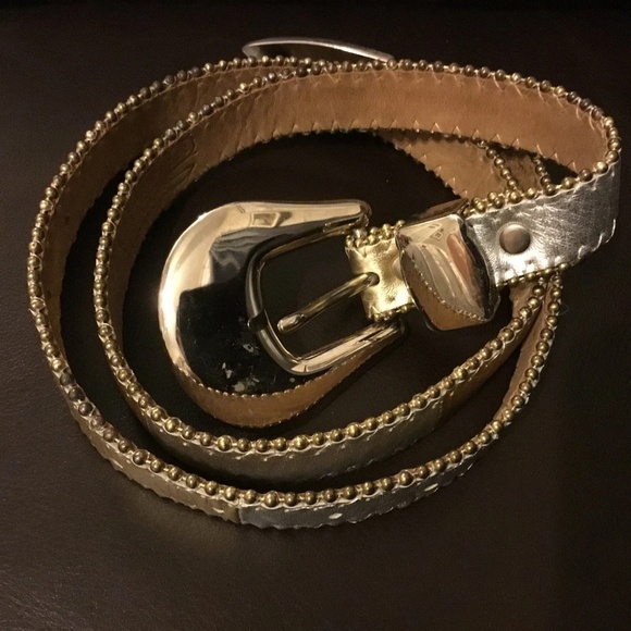 Retro Simon silver and gold leather belt with heavy silver buckle - Picture 1 of 8